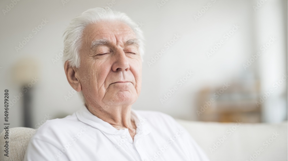 Serene elderly man relaxing indoors with eyes closed for mindfulness and tranquility Serene elderly man relaxing indoors with eyes closed for mindfulness and tranquility
