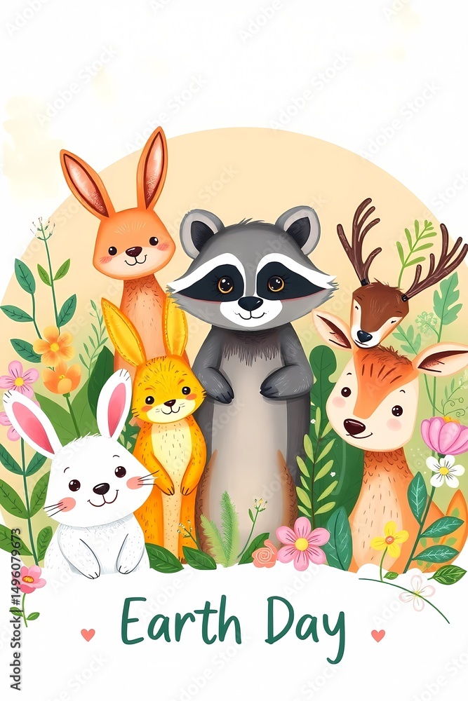 Naklejka premium Earth day illustration with cute animals rabbits deer raccoon flowers and plants