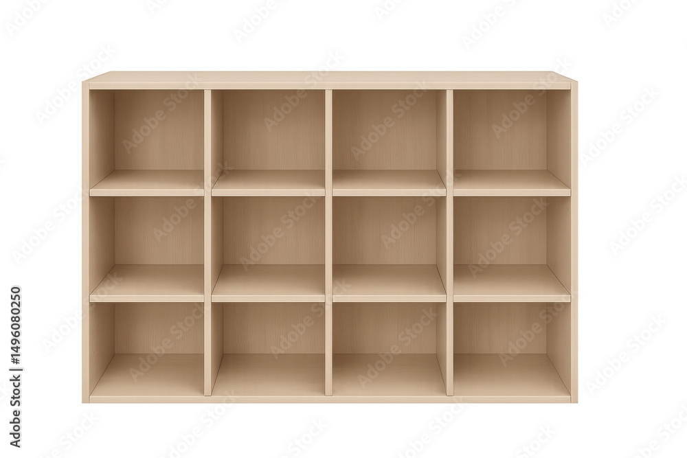 Empty wooden bookcase with cubby holes on transparent background Empty wooden bookcase with cubby holes on transparent background