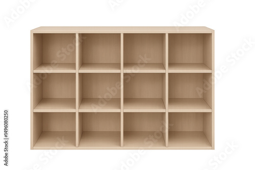 Empty wooden bookcase with cubby holes on transparent background