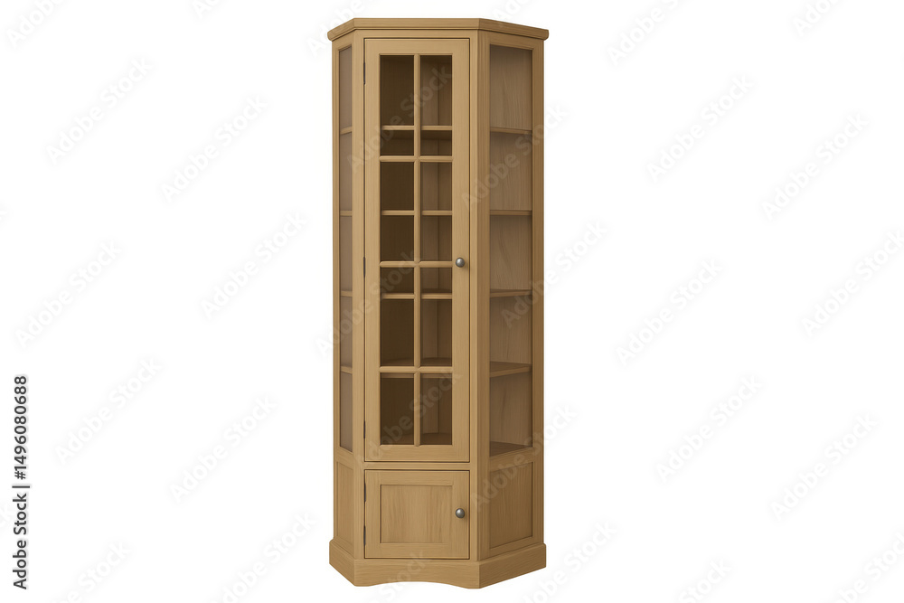 Obraz premium Wooden corner display cabinet with glass doors and transparent background