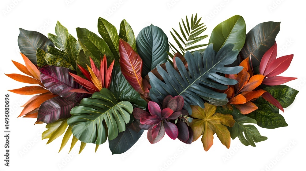 Obraz premium Vibrant tropical foliage arrangement against a plain background.
