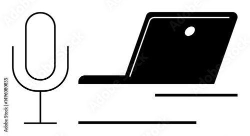 Microphone next to a laptop, highlighting themes of podcasting, virtual meetings, remote work, content creation, digital collaboration, online learning, and communication as a flat simple metaphor