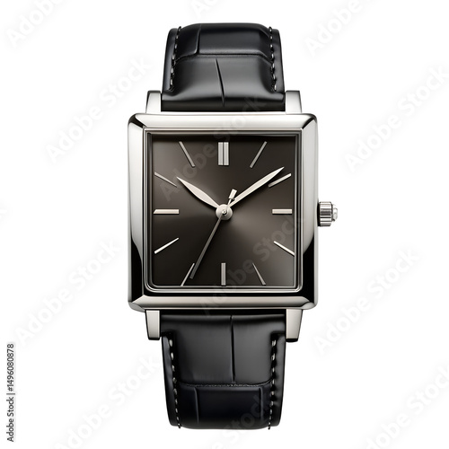 Elegant black rectangular designer watch on transparent background