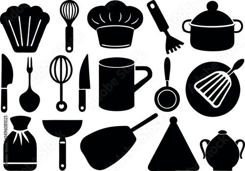 set of kitchen knife mug chafe utensils icon silhouette