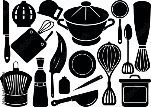 set of kitchen tools icon silhouette