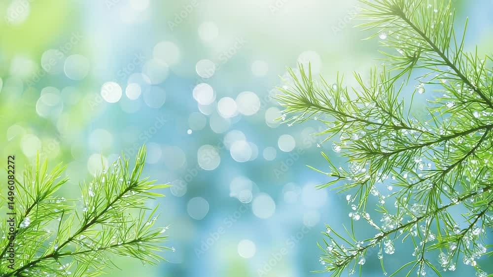 Gentle green pine branches with water droplets against soft blurred blue background Gentle green pine branches with water droplets against soft blurred blue background