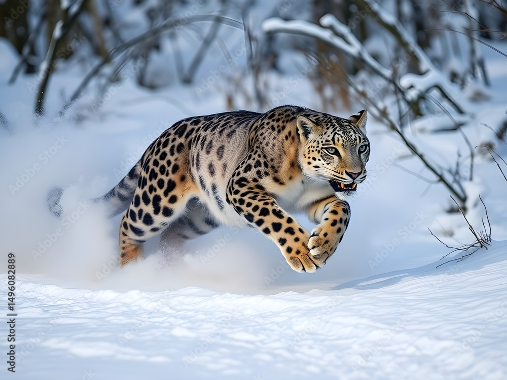 Obraz premium Dynamic Snow Leopard Sprinting Through Snowy Mountain Terrain