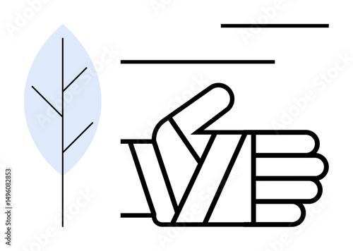 Bandaged hand next to minimalistic blue leaf and clean lines suggesting healing, nature, balance. Ideal for healthcare, sustainability, wellness, eco-mindfulness, recovery support minimalism. Flat