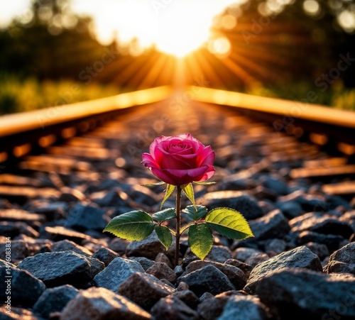 Pink rose blooming with resilience on railway tracks at sunset against rocky industrial background