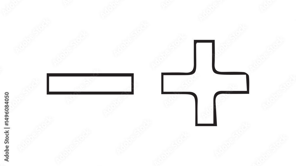 Fototapeta premium Hand drawn math signs on white background, plus and minus signs for solving math problems, plus and minus signs drawn with ink, white math signs with black outline, mathematical symbol