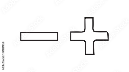 Hand drawn math signs on white background, plus and minus signs for solving math problems, plus and minus signs drawn with ink, white math signs with black outline, mathematical symbol