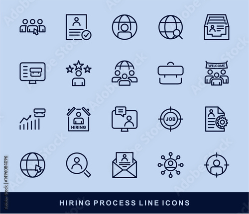 Hiring Process Line Icons. Recruitment, Job Application, Interview, Candidate Selection Vector Set