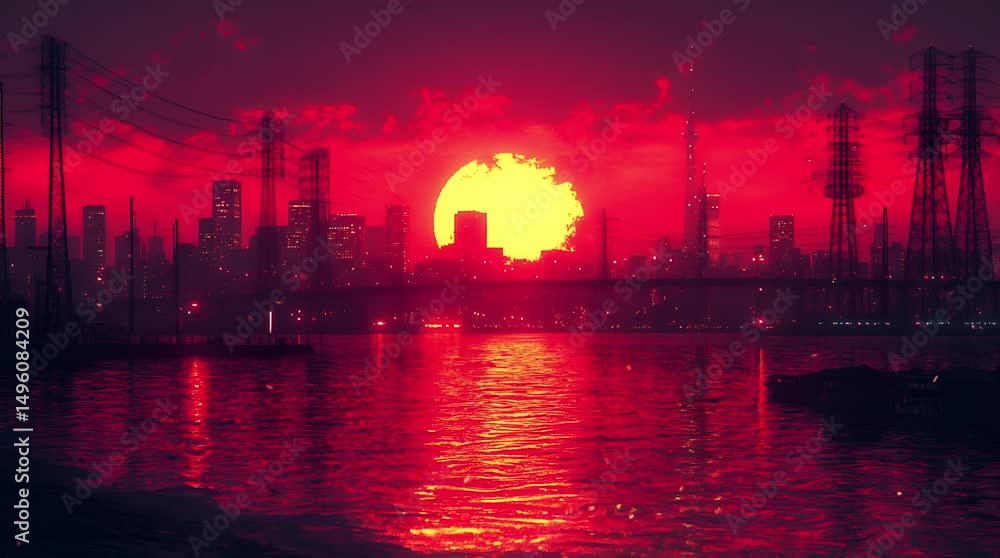 Vibrant Sunset Over Urban Skyline with Powerlines and Reflections in the Water. Seamless looping 4k video background Vibrant Sunset Over Urban Skyline with Powerlines and Reflections in the Water. Seamless looping 4k video background