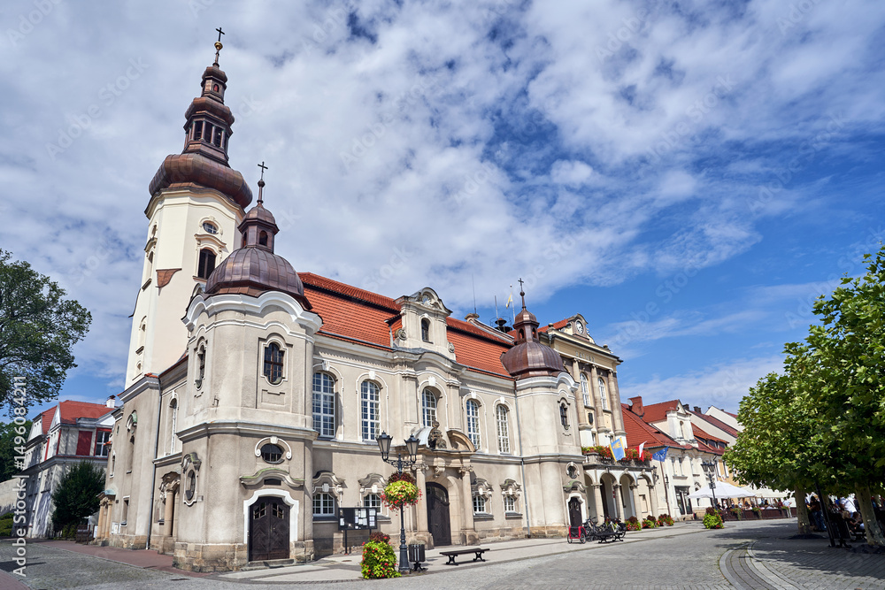 Obraz premium Historic Evangelical Church with a Bell Tower in the City of Pszczyna