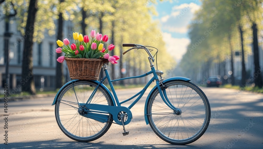 Fototapeta premium Colorful bicycle with flower basket parked on sunny street lined with trees during springtime