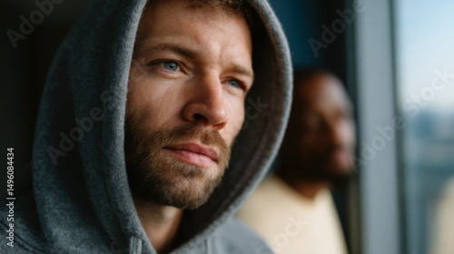 Contemplative superhero in hoodie pondering by window