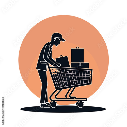 Man pushing shopping cart filled with packages against orange circle  