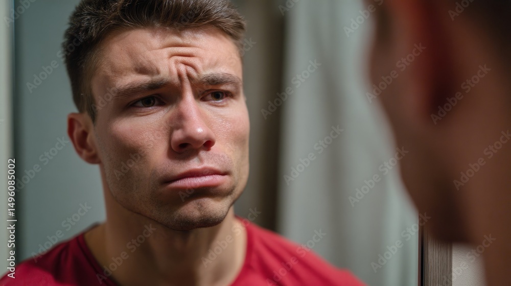 Fototapeta premium Contemplative superhero in fitted shirt examining reflection in mirror