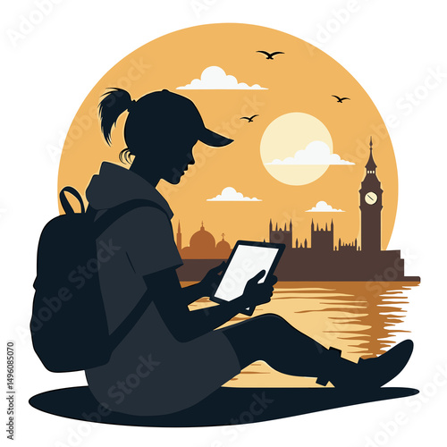 Young woman sitting by the river using tablet at sunset  