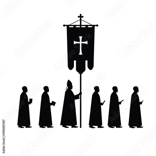 Medieval religious procession silhouettes banner cross