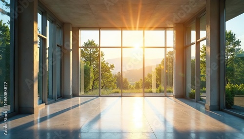 Sunlight streaming through energy-efficient windows in a modern building, glass window, modern, building facade