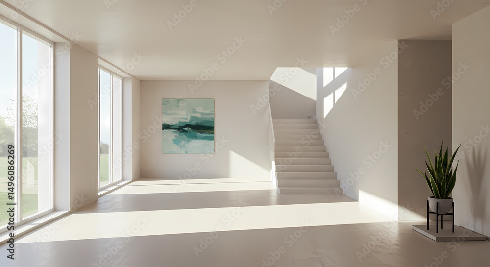 Fototapeta premium Modern interior design featuring an empty, sunlit staircase leading to the sky in a minimalist hall, showcasing contemporary home architecture