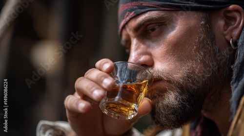 Wallpaper Mural Pirate with golden earring enjoys whiskey shot in a captivating moment Torontodigital.ca