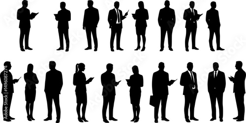 Silhouettes of men and women, group standing business people, vector, profile, black color isolated on white background