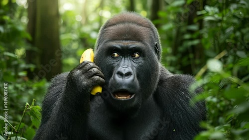 Expressive gorilla engaging with a banana as a telephone in a lush jungle setting