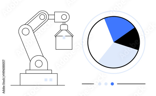 Robotic arm lifting object alongside data pie chart, reflecting industry, technology, and analytics advancement. Ideal for robotics, automation, technology, data analysis, industry innovation