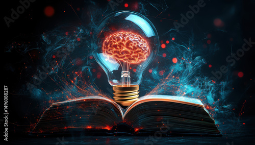 A glowing light bulb with an abstract brain inside, AI absorbing information from printed material