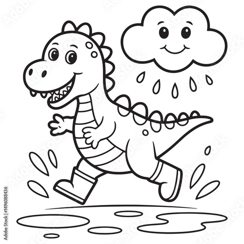 Dinosaur Running with Happy Cloud – Cute Prehistoric Cartoon Line Art for Kids Coloring Page