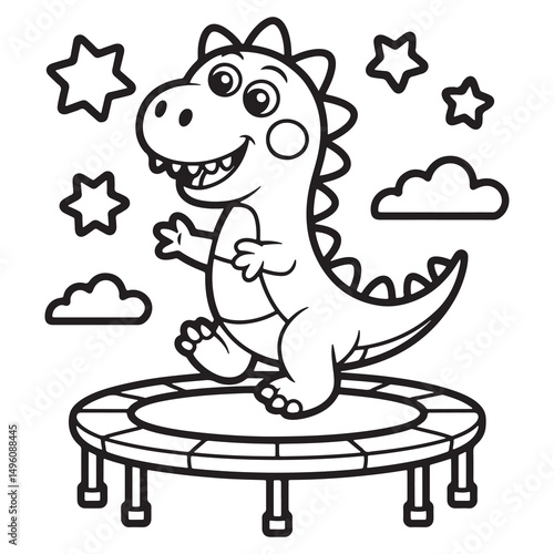 Dinosaur Jumping on Trampoline with Stars – Fun Cartoon Line Art for Kids Coloring Page
