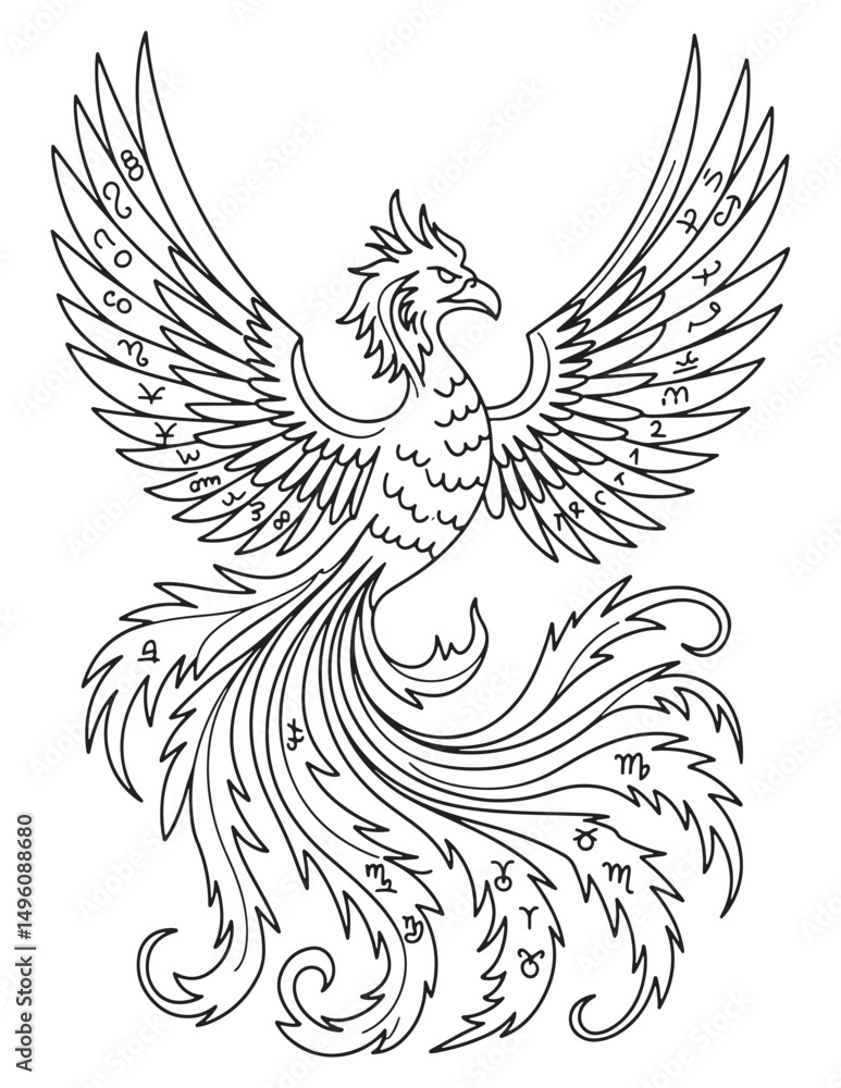 Fototapeta premium Line Art of a Mythical Phoenix Bird with Decorative Feathers