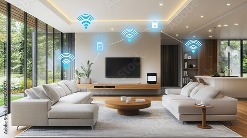 Wallpaper Mural Modern Living Room with Smart Technology, LED Lights, TV, Speaker, and IoT Devices in Futuristic Style Torontodigital.ca
