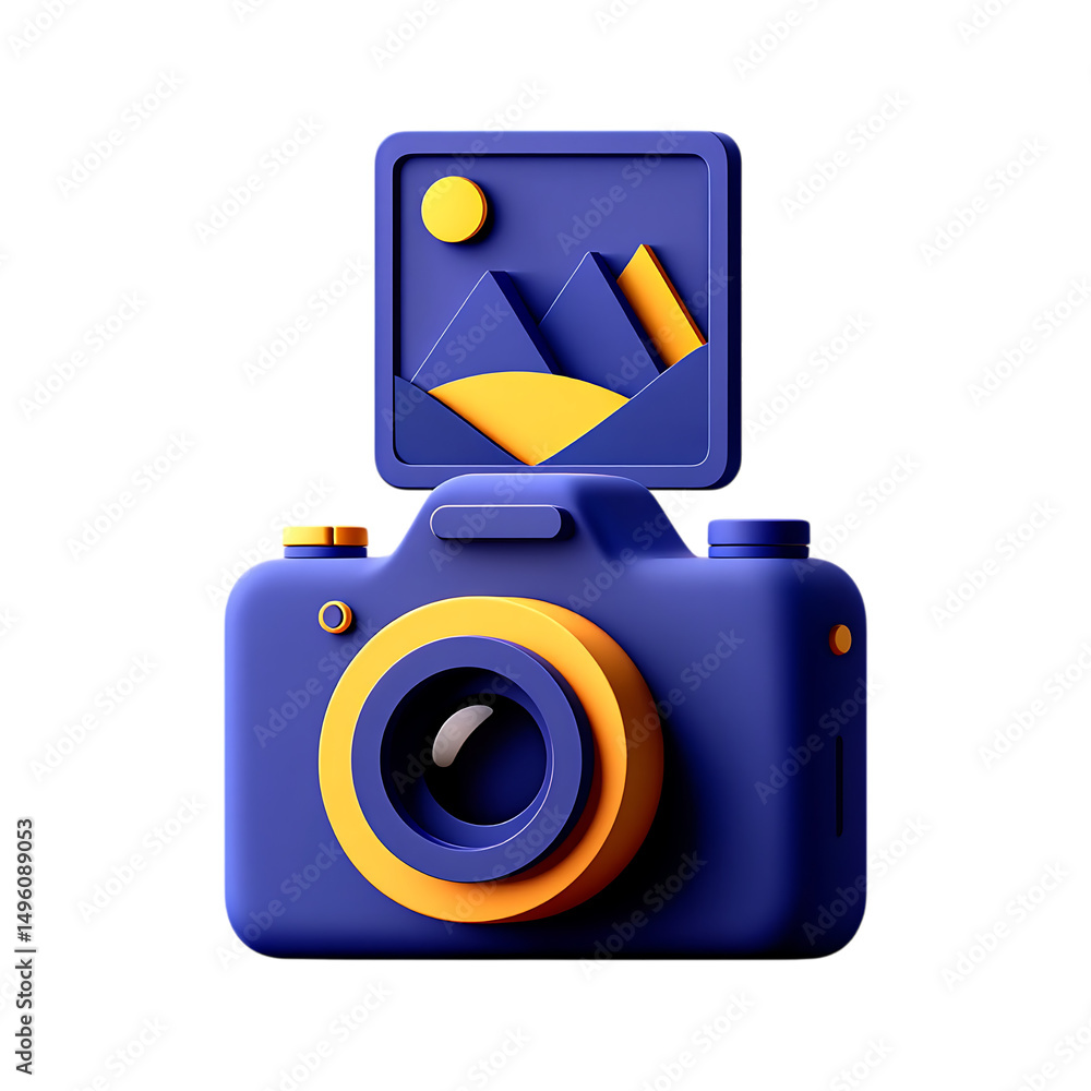 Fototapeta premium 3d render of a blue camera with a landscape image isolated on a white background
