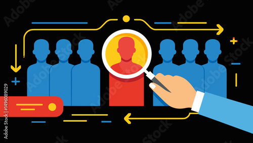Modern flat vector illustration of recruitment and talent selection with magnifying glass highlighting standout candidate among anonymous figures
