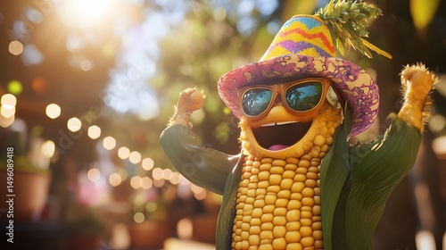 Animated corn character, festive and joyful, outdoors.