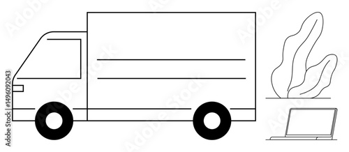 Delivery truck alongside a laptop and plant elements emphasizes eco-friendly logistics, online fleet management, e-commerce, digital transformation, business solutions, technology, and sustainable