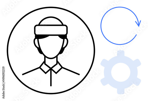 Person in VR headset within a circle, gear for settings, circular arrow for refresh. Ideal for virtual reality, innovation, technology, settings, progress gaming modern tech. Minimal flat simple