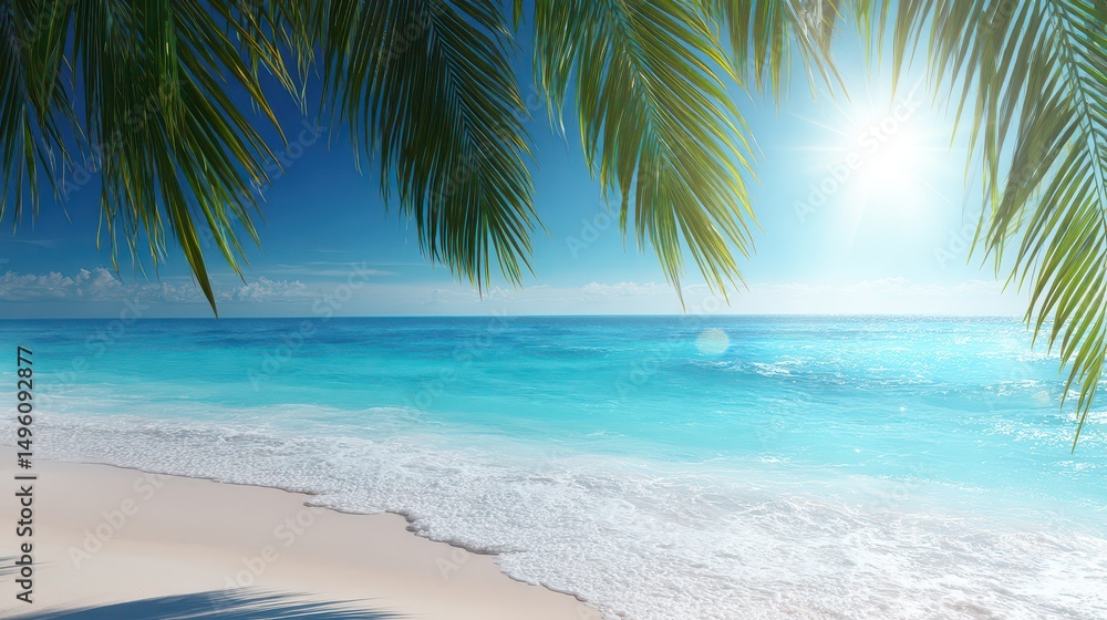 Fototapeta premium Stunning Tropical Beach Scene with Palm Leaves Framing Crystal Clear Waters and Bright Sun Over a Serene Seascape in Paradise
