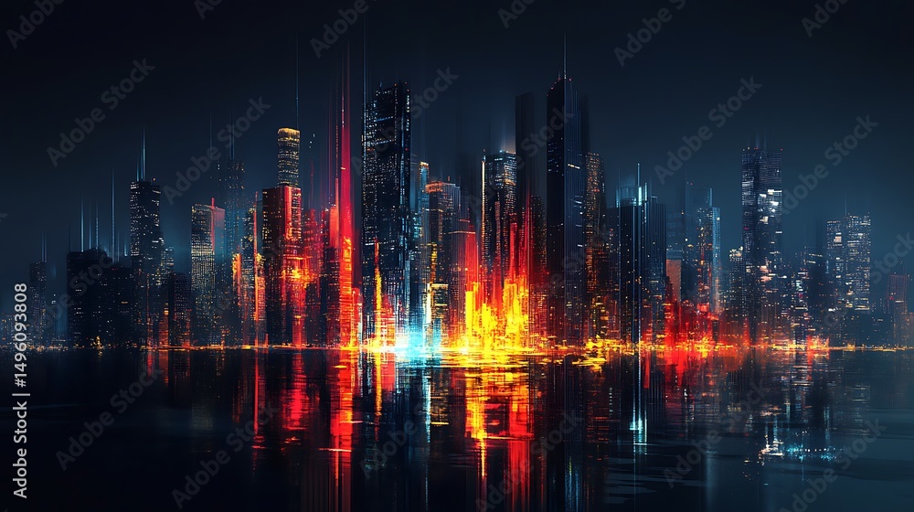 Fototapeta premium A futuristic cityscape at night, illuminated by vibrant neon lights.