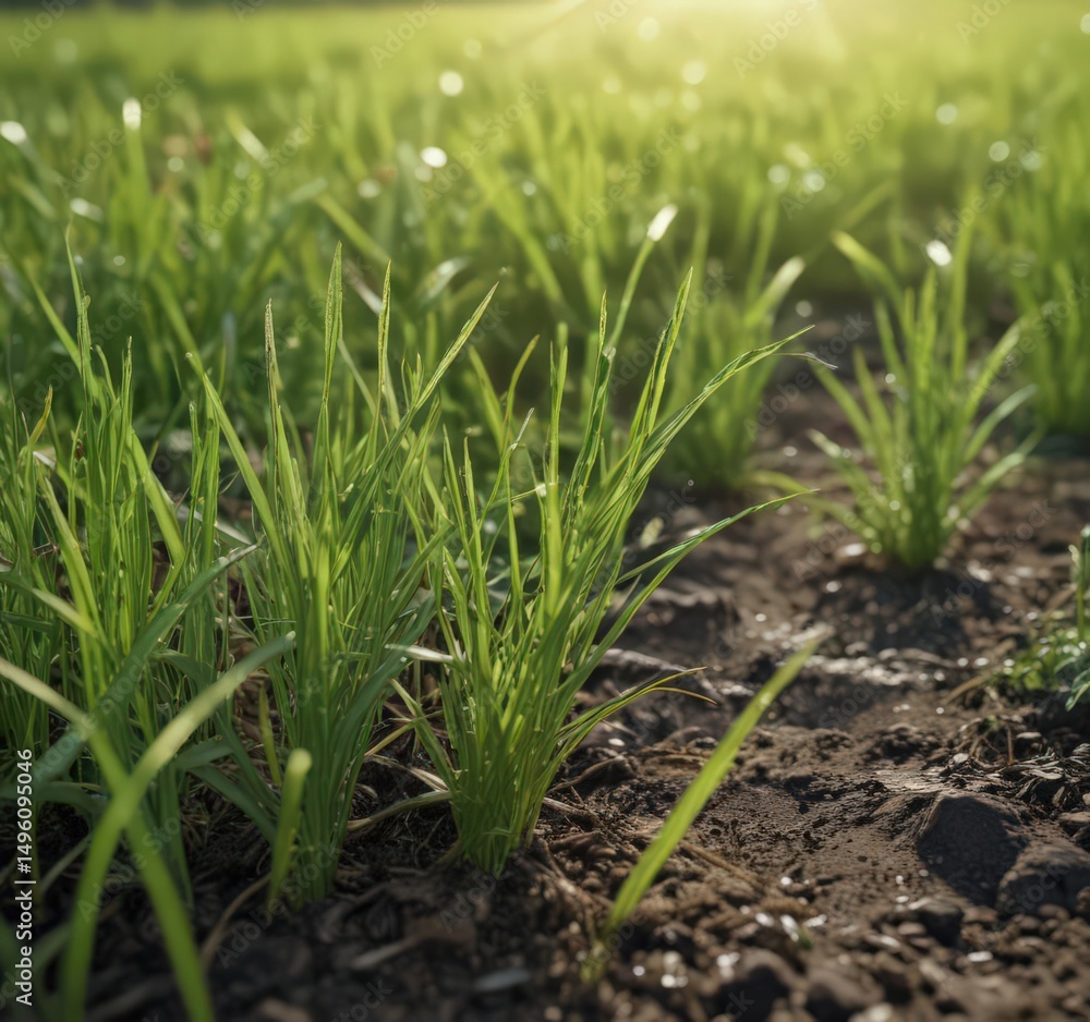 Obraz premium Newly sprouted grass, soft texture, sunlight filtering through , new growth, soft