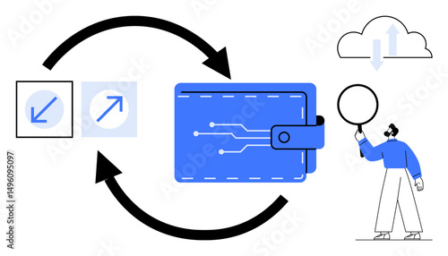 Digital wallet, arrows indicating data transfer, cloud saving icon, and a user analyzing with a magnifier. Ideal for finance, data sharing, digital solutions, storage, transactions tech concepts