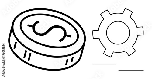 Coin with dollar sign beside a gear symbolizing financial systems, wealth generation, or economical optimization. Ideal for finance, business, productivity, economy, mechanism, strategy simple