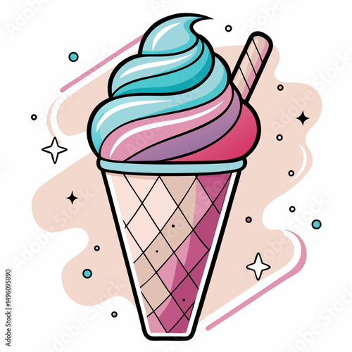Colorful ice cream cone with swirls and decorative background  