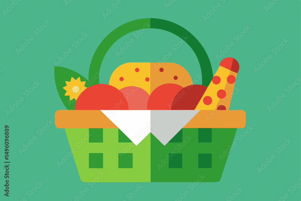 Fototapeta premium Charming Picnic Basket Filled with Fresh Summer Snacks Vector Illustration Background