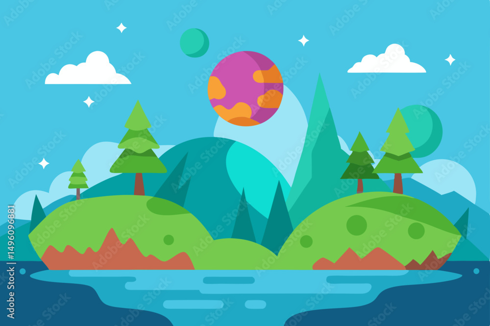 Naklejka premium Whimsical Fantasy Nature Dream World Landscape Background Vector Illustration Background