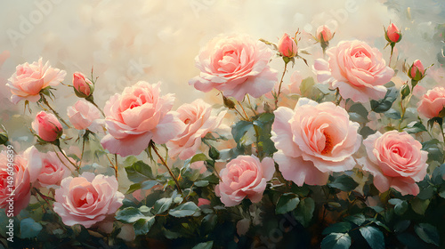 Beautiful Pink Roses Frame Border Background, Romantic Floral Arrangement, Valentine's Day, Wedding, Anniversary, Mother's Day, Greeting Card Design